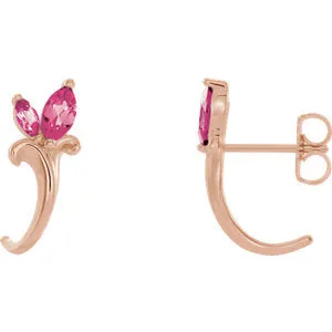 14K Rose Pink Tourmaline Floral-Inspired J-Hoop Earrings
