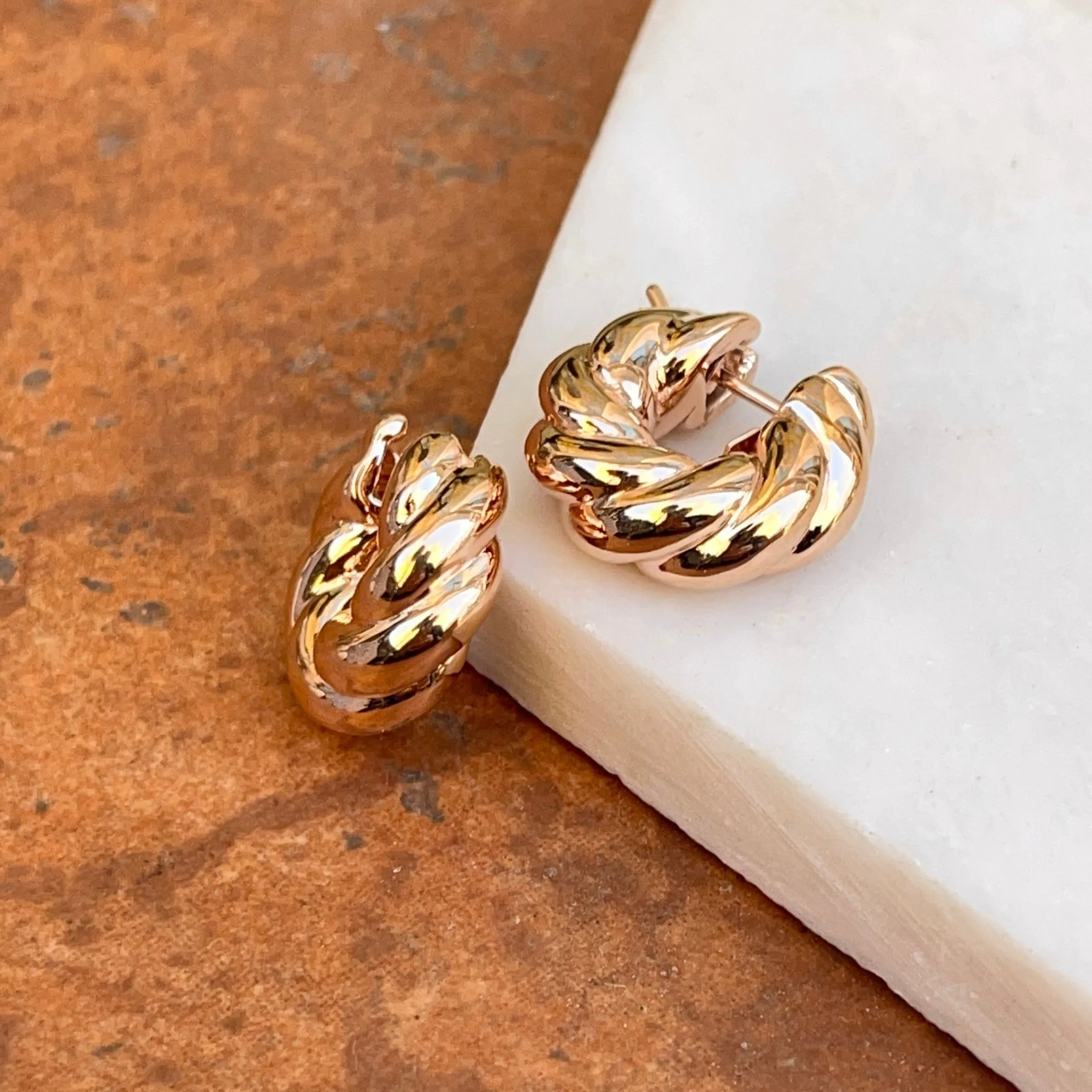 14KT Rose Gold Chunky Twisted Huggie Hoop Earrings 19mm