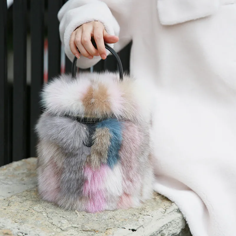 2022 New Women's Fashion Fox Fur Bucket Bag Lovely Mixed Color Crossbody Shoulder Bags Ladies Totes Bags 8811