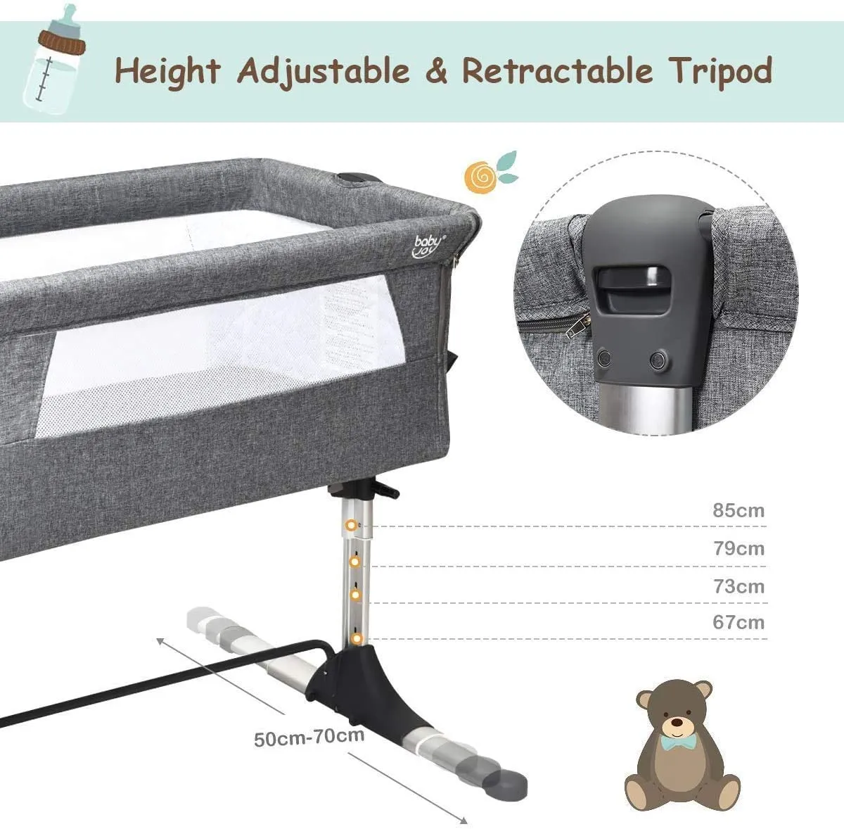 Adjustable Height | Next-to-Me Baby Crib  | Travel Cot with Mattress | Warm Grey