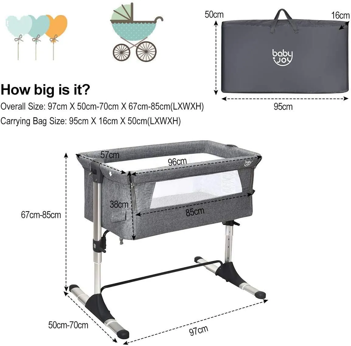Adjustable Height | Next-to-Me Baby Crib  | Travel Cot with Mattress | Warm Grey