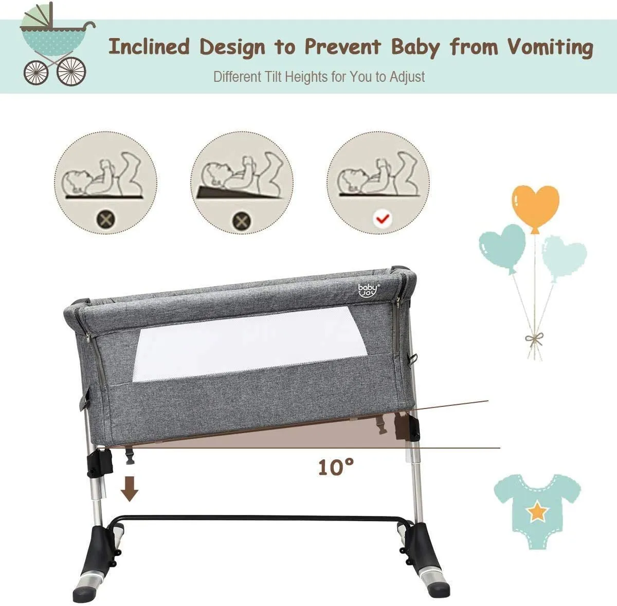 Adjustable Height | Next-to-Me Baby Crib  | Travel Cot with Mattress | Warm Grey