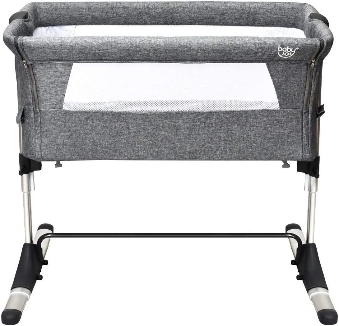 Adjustable Height | Next-to-Me Baby Crib  | Travel Cot with Mattress | Warm Grey