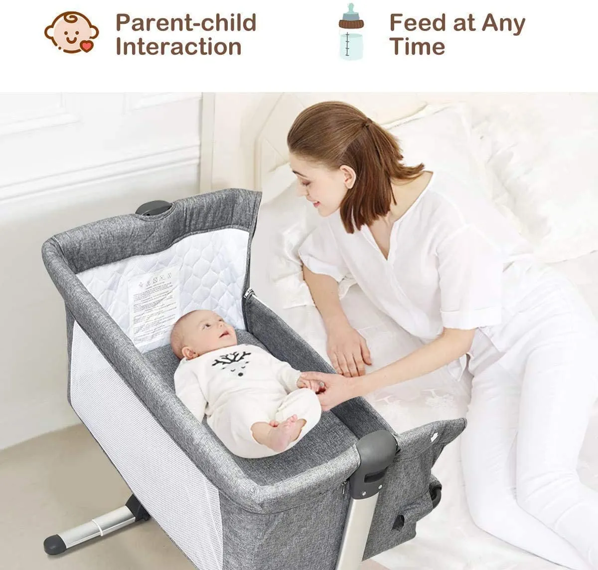Adjustable Height | Next-to-Me Baby Crib  | Travel Cot with Mattress | Warm Grey