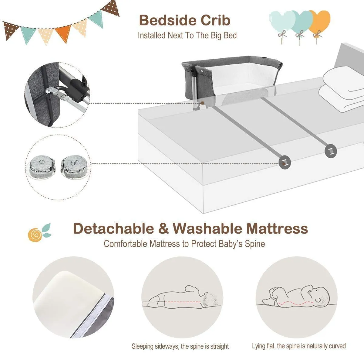 Adjustable Height | Next-to-Me Baby Crib  | Travel Cot with Mattress | Warm Grey