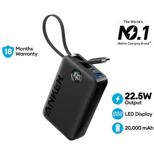 Anker Power Bank (20,000mAh, 22.5W, Built-In USB-C Cable) -Black