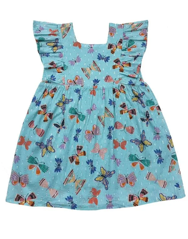 Aqua Butterfly Girls Ruffle Dress