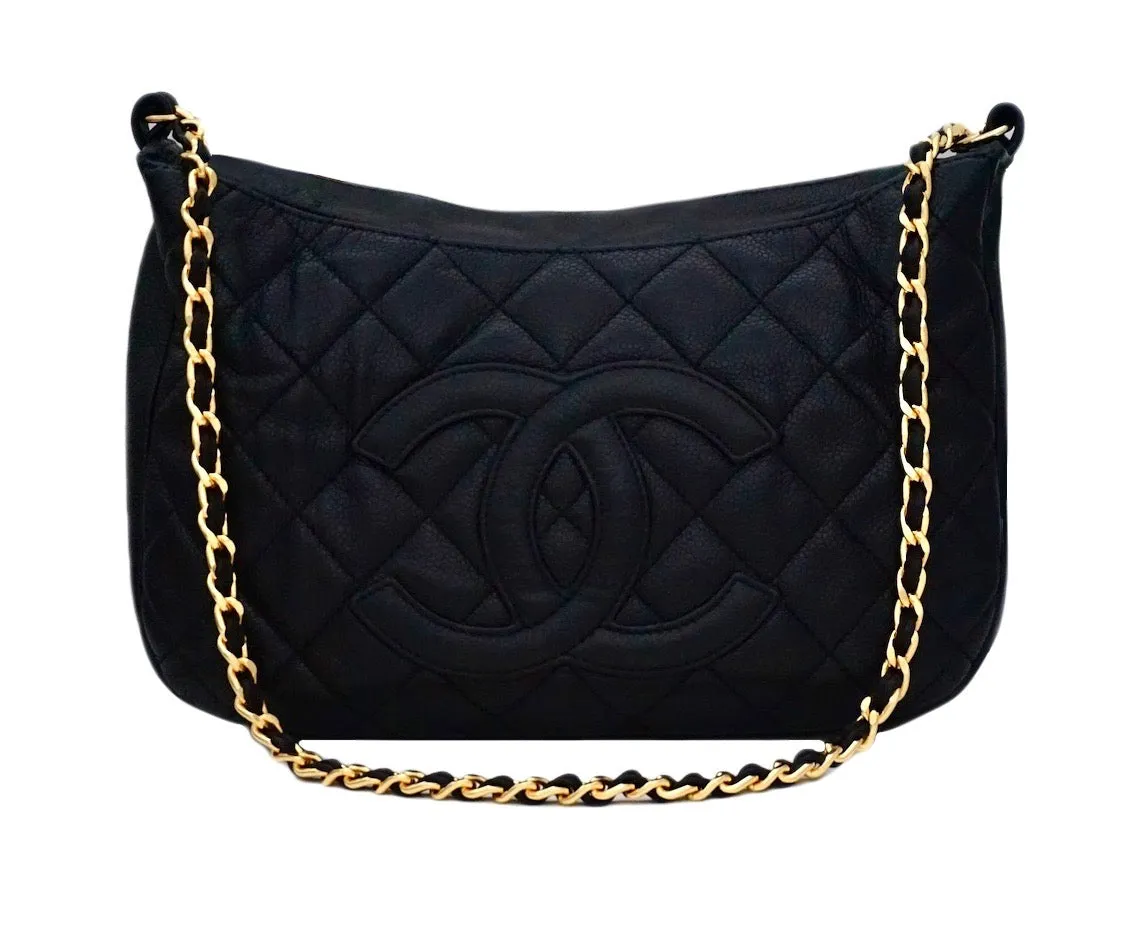Authentic Chanel Black Caviar Quilted GST Camera Style Handbag