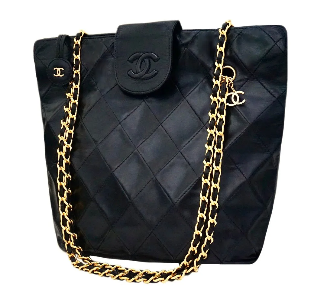 Authentic Chanel Vintage Black Quilted Lambskin Tote