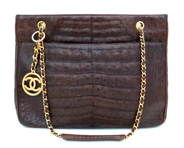 Authentic Chanel Vintage Sienna Brown Alligator Jumbo Tote
