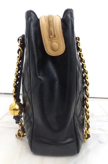 Authentic Chanel Vintage Tan & Black Jumbo Quilted Tote