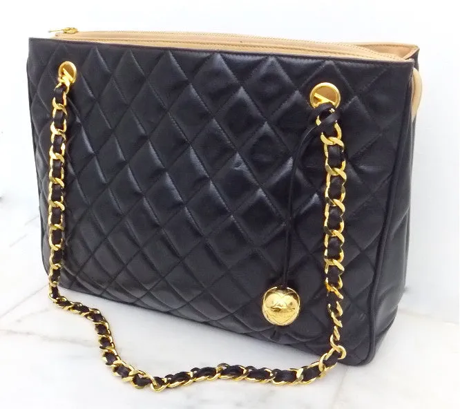 Authentic Chanel Vintage Tan & Black Jumbo Quilted Tote