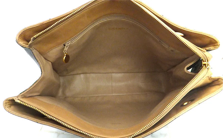 Authentic Chanel Vintage Tan & Black Jumbo Quilted Tote