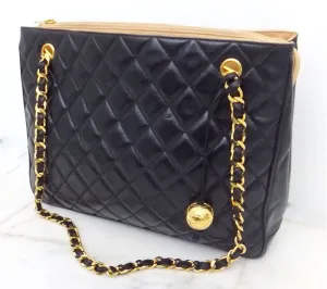 Authentic Chanel Vintage Tan & Black Jumbo Quilted Tote