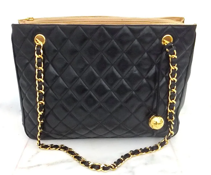 Authentic Chanel Vintage Tan & Black Jumbo Quilted Tote