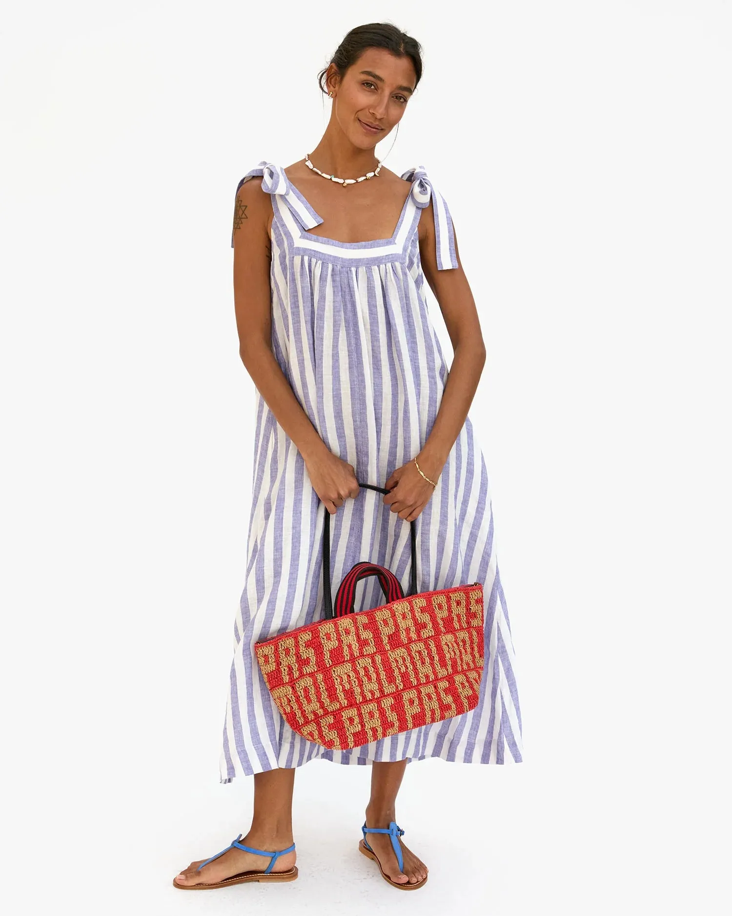 Bateau Tote in Natural and Bright Poppy Raffia