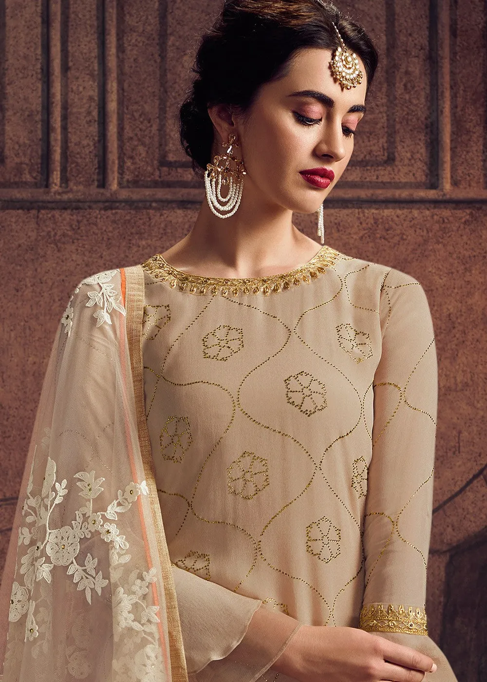 Beige Zari Embroidered Pakistani Salwar Kameez