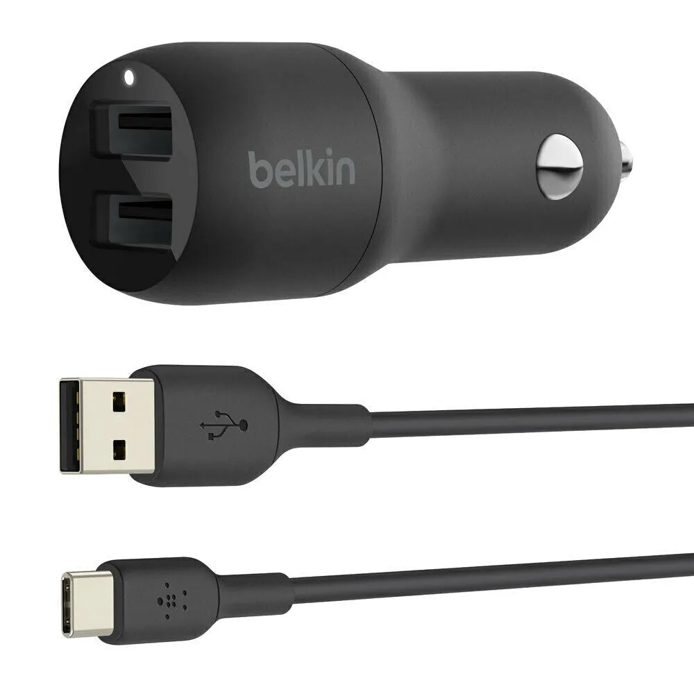 Belkin BOOSTCHARGE Dual USB-A Car Charger 24W   USB-A to USB-C Cable For Samsung