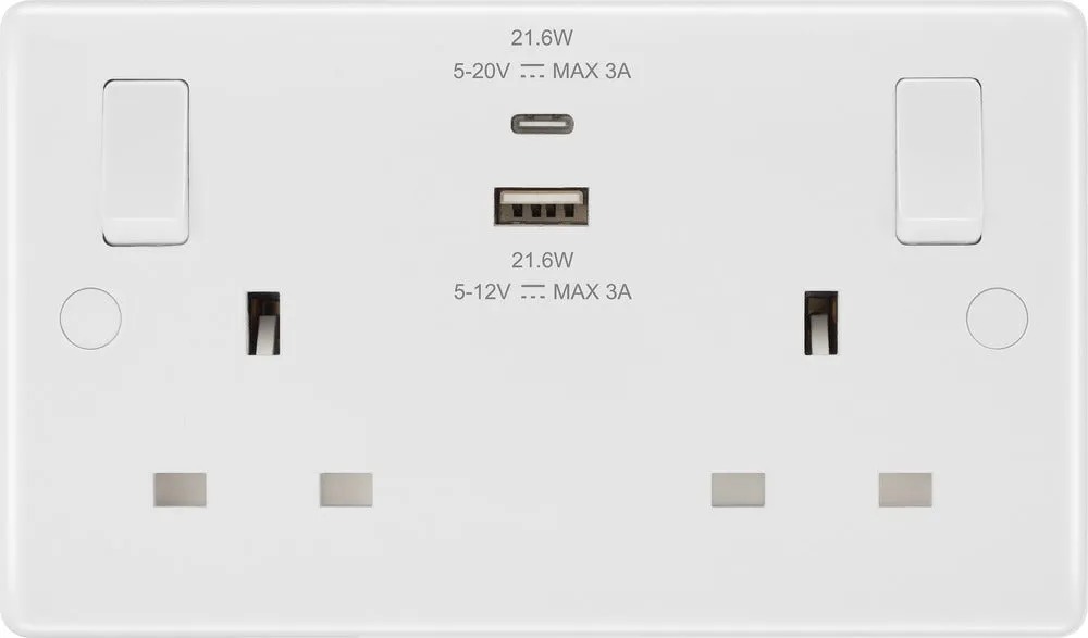 BG 822UAC22 White Round Edge 13A Double Switched Power Socket   USB A C (22W)