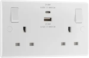 BG 822UAC22 White Round Edge 13A Double Switched Power Socket   USB A C (22W)