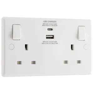 BG 822UAC30 White Round Edge 13A Double Socket   USB A C (30W)