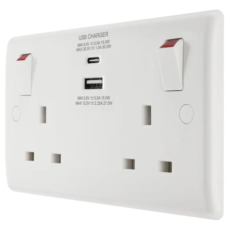 BG 822UAC30 White Round Edge 13A Double Socket   USB A C (30W)