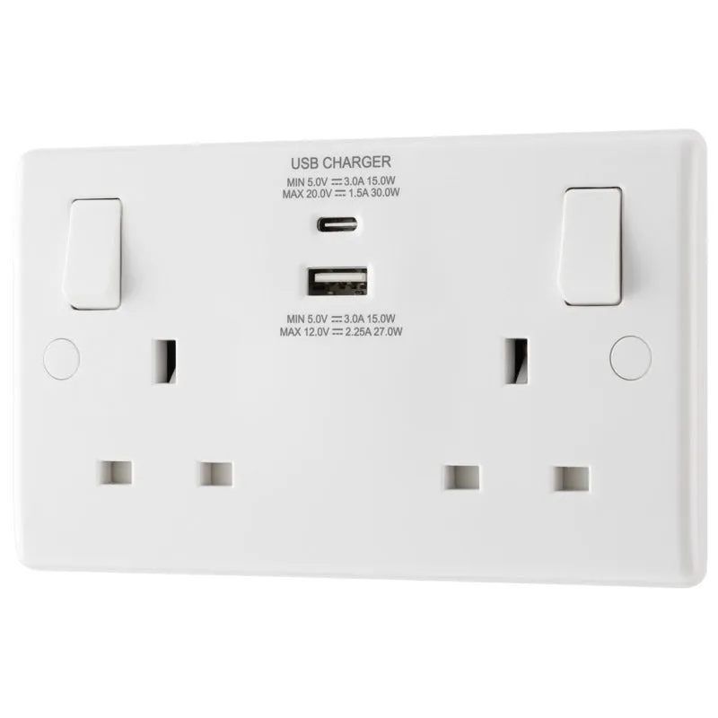 BG 822UAC30 White Round Edge 13A Double Socket   USB A C (30W)