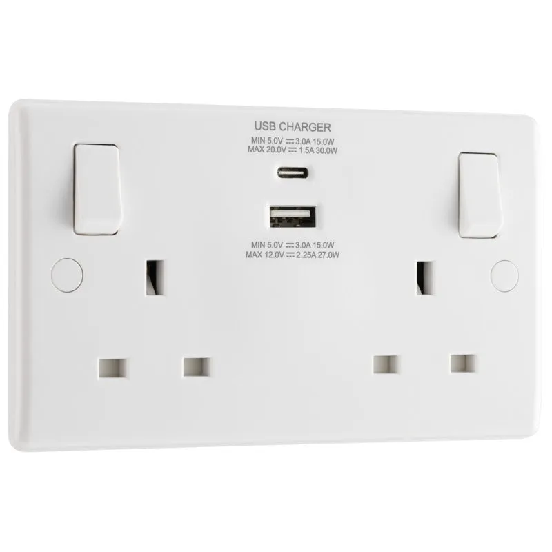 BG 822UAC30 White Round Edge 13A Double Socket   USB A C (30W)