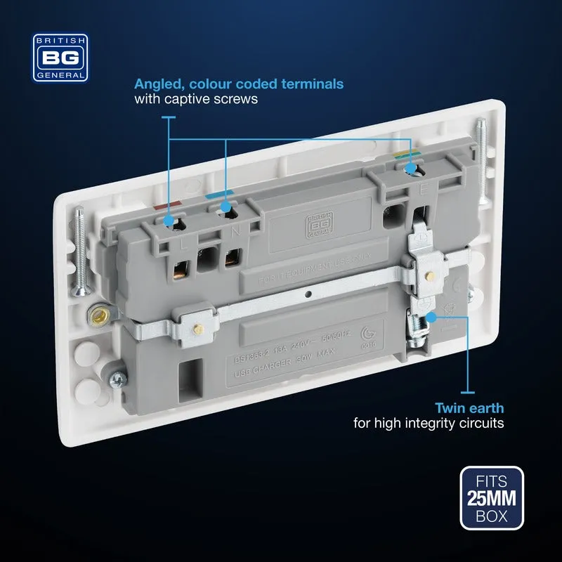 BG 822UAC30 White Round Edge 13A Double Socket   USB A C (30W)