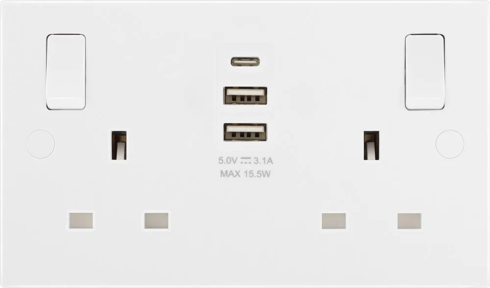 BG 922UAAC15 White Square Edge 13A Double Socket   2xUSB A  1xUSB C(15W)