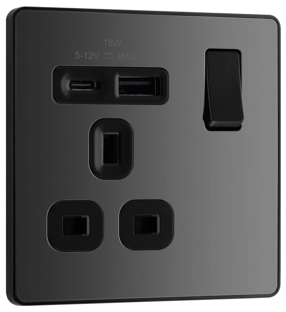 BG Evolve PCDBC21UAC18B 13A Single Switched Power Socket   USB A C (18W) - Black Chrome (Black)