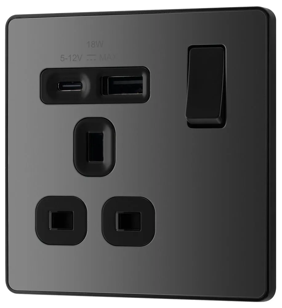 BG Evolve PCDBC21UAC18B 13A Single Switched Power Socket   USB A C (18W) - Black Chrome (Black)