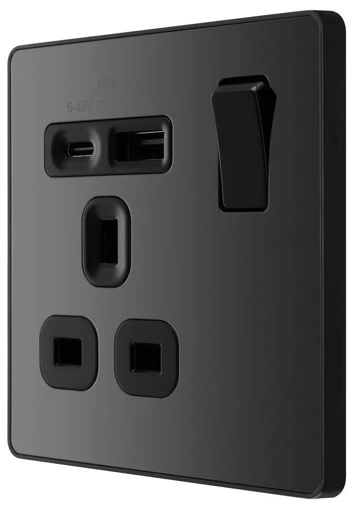 BG Evolve PCDBC21UAC18B 13A Single Switched Power Socket   USB A C (18W) - Black Chrome (Black)