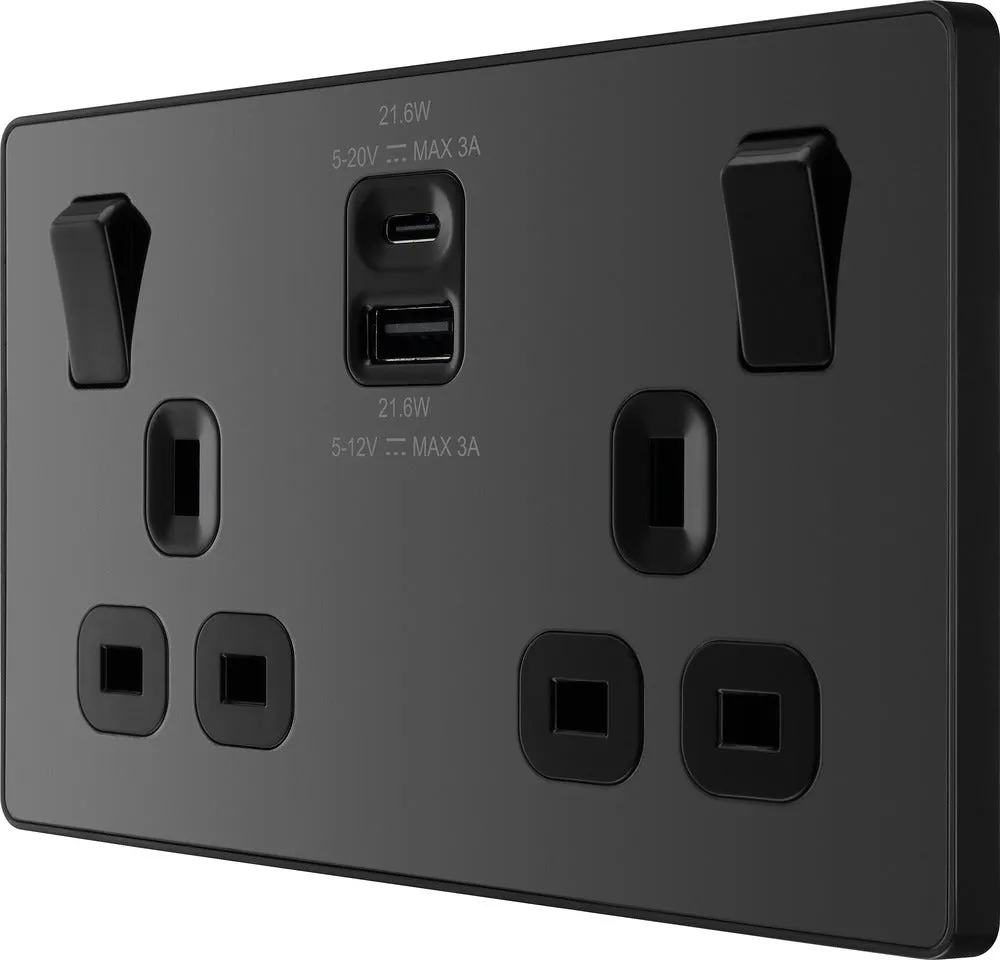 BG Evolve PCDBC22UAC22B 13A Double Switched Power Socket   USB A C (22W) - Black Chrome (Black)