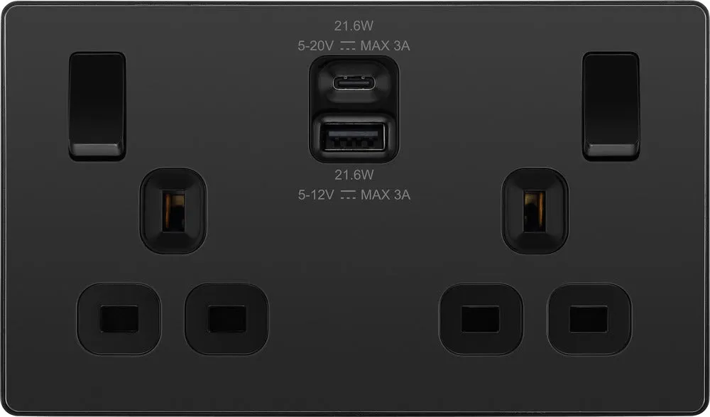 BG Evolve PCDBC22UAC22B 13A Double Switched Power Socket   USB A C (22W) - Black Chrome (Black)