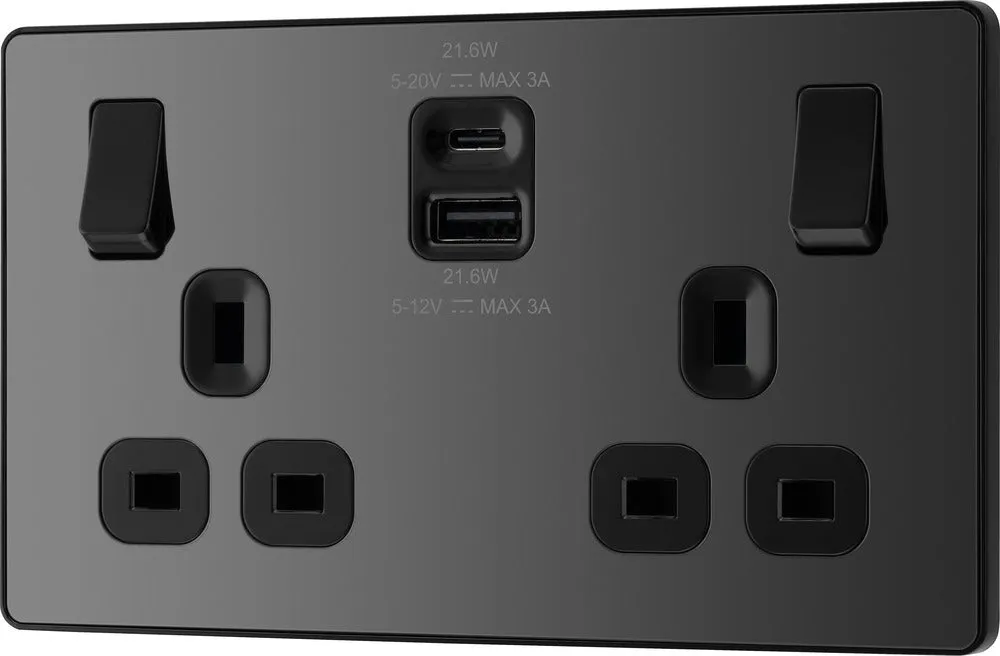 BG Evolve PCDBC22UAC22B 13A Double Switched Power Socket   USB A C (22W) - Black Chrome (Black)