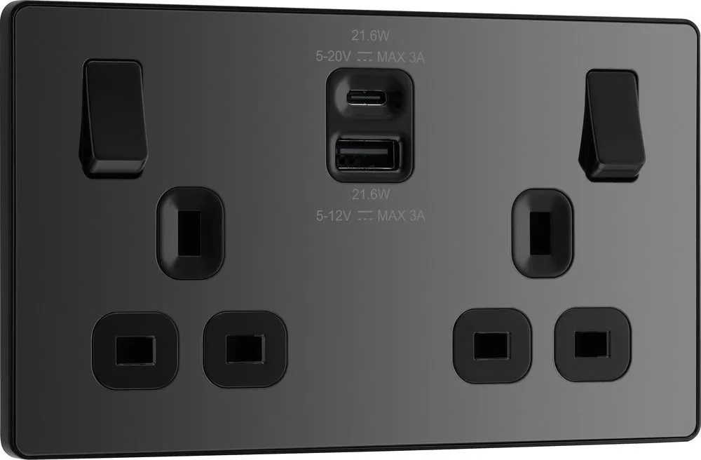 BG Evolve PCDBC22UAC22B 13A Double Switched Power Socket   USB A C (22W) - Black Chrome (Black)
