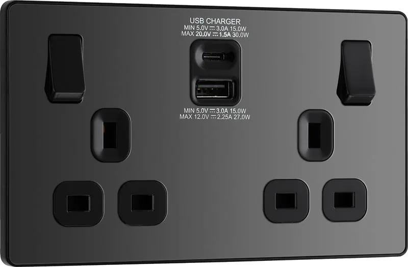 BG Evolve PCDBC22UAC30B 13A Double Switched Power Socket   USB C 30W   USB A(3.1A) - Black Chrome (Black)
