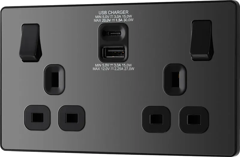 BG Evolve PCDBC22UAC30B 13A Double Switched Power Socket   USB C 30W   USB A(3.1A) - Black Chrome (Black)