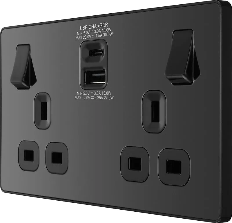 BG Evolve PCDBC22UAC30B 13A Double Switched Power Socket   USB C 30W   USB A(3.1A) - Black Chrome (Black)