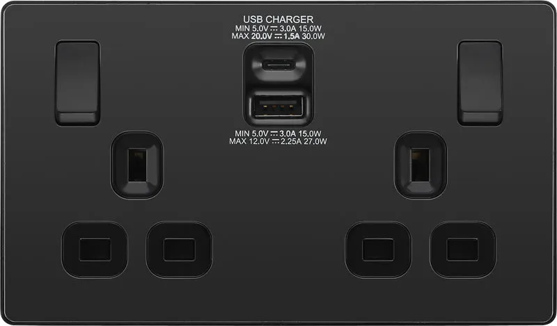 BG Evolve PCDBC22UAC30B 13A Double Switched Power Socket   USB C 30W   USB A(3.1A) - Black Chrome (Black)
