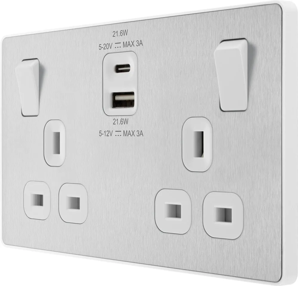 BG Evolve PCDBS22UAC22W 13A Double Switched Power Socket   USB A C (22W) - Brushed Steel (White)