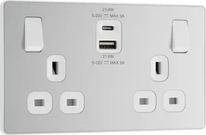 BG Evolve PCDBS22UAC22W 13A Double Switched Power Socket   USB A C (22W) - Brushed Steel (White)