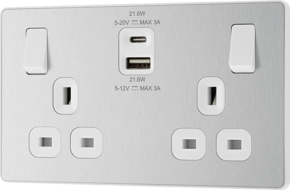 BG Evolve PCDBS22UAC22W 13A Double Switched Power Socket   USB A C (22W) - Brushed Steel (White)