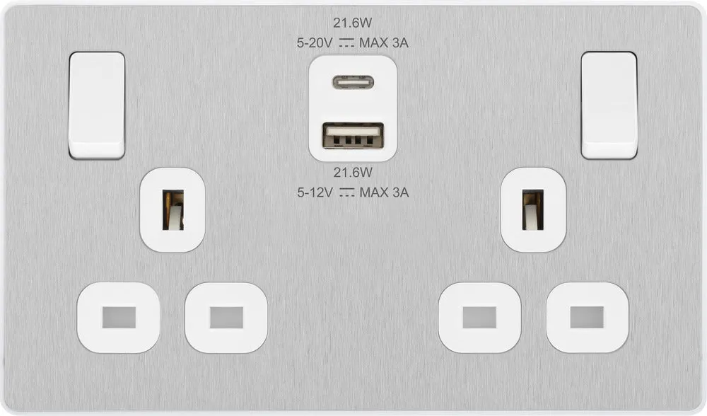 BG Evolve PCDBS22UAC22W 13A Double Switched Power Socket   USB A C (22W) - Brushed Steel (White)