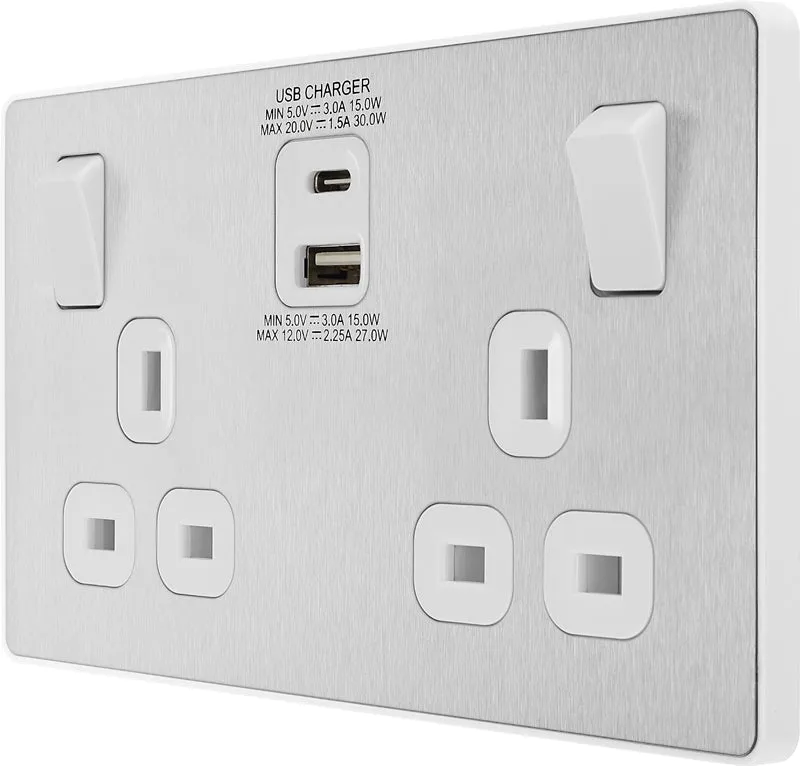 BG Evolve PCDBS22UAC30W 13A Double Switched Power Socket   USB C 30W   USB A(3.1A) - Brushed Steel (White)