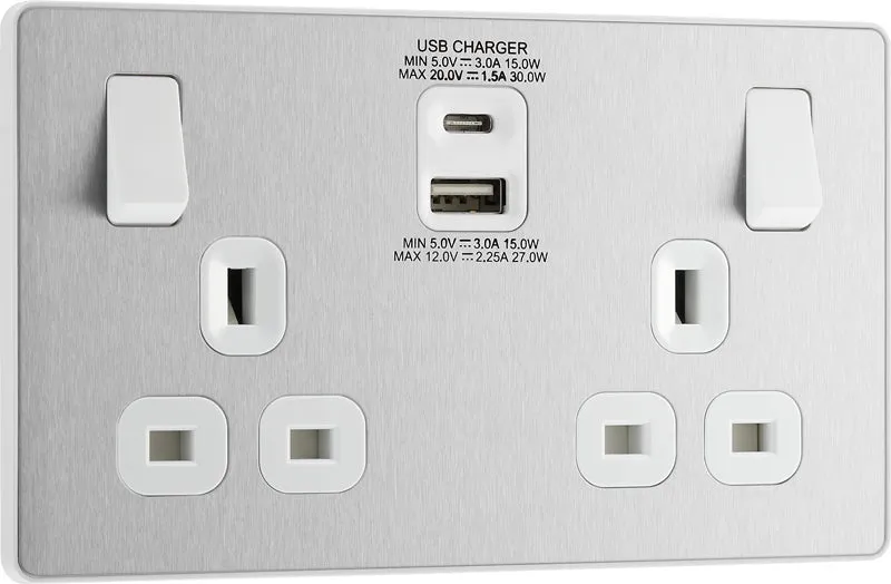 BG Evolve PCDBS22UAC30W 13A Double Switched Power Socket   USB C 30W   USB A(3.1A) - Brushed Steel (White)