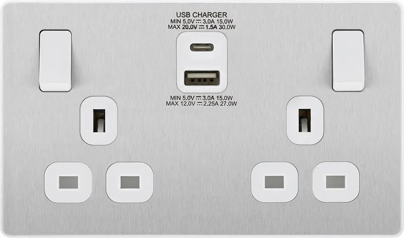 BG Evolve PCDBS22UAC30W 13A Double Switched Power Socket   USB C 30W   USB A(3.1A) - Brushed Steel (White)