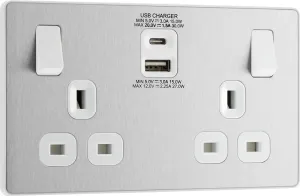 BG Evolve PCDBS22UAC30W 13A Double Switched Power Socket   USB C 30W   USB A(3.1A) - Brushed Steel (White)