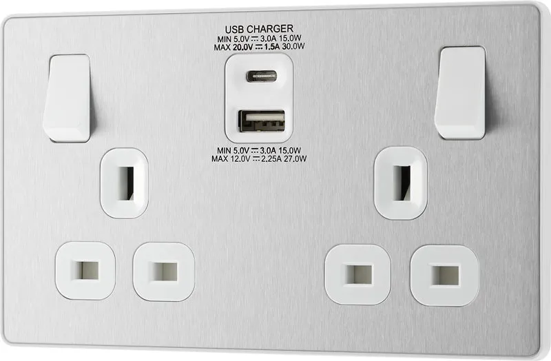 BG Evolve PCDBS22UAC30W 13A Double Switched Power Socket   USB C 30W   USB A(3.1A) - Brushed Steel (White)